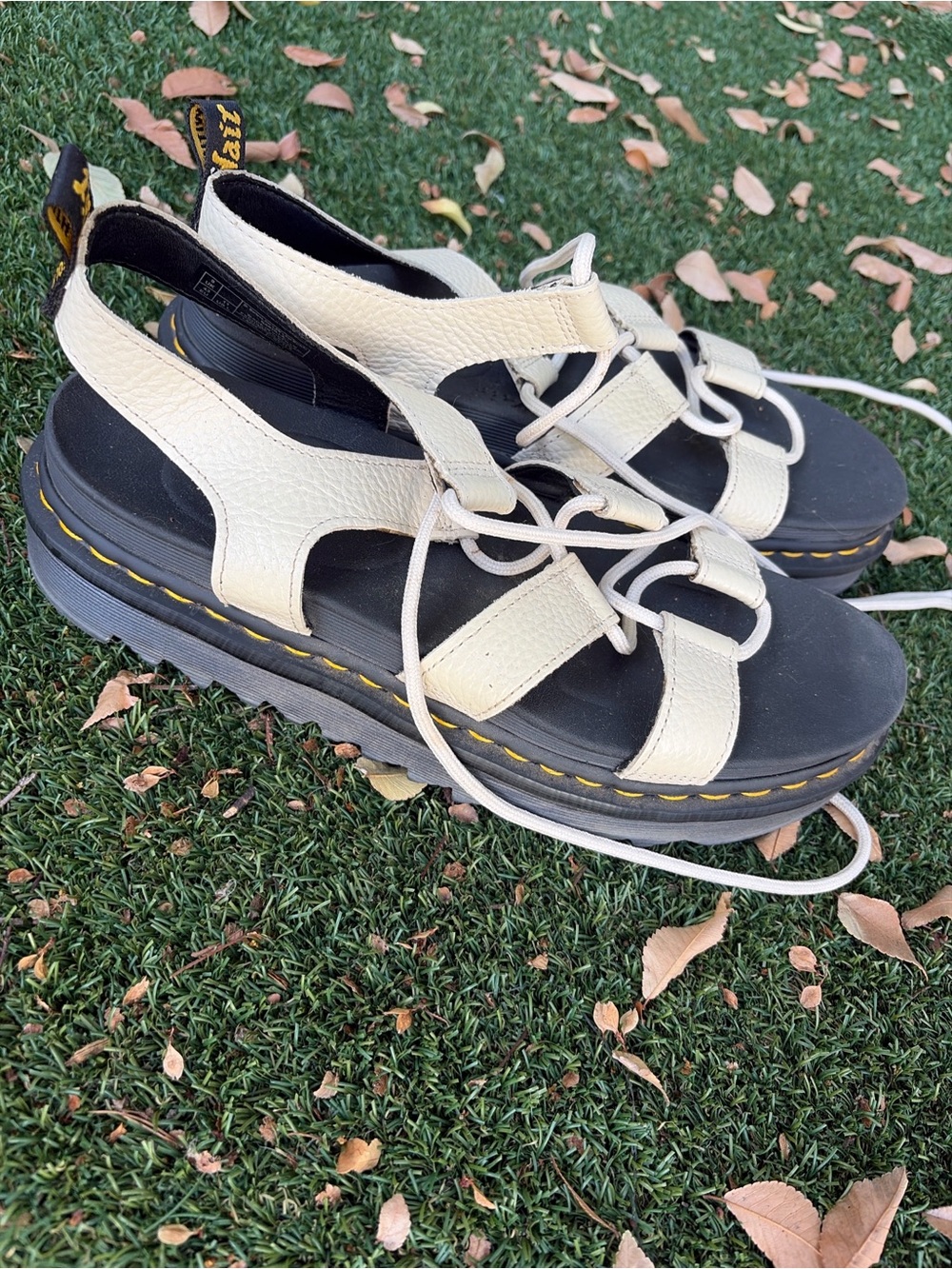 Dr. Martens Cream Leather Platform Sandals with Black Sole
